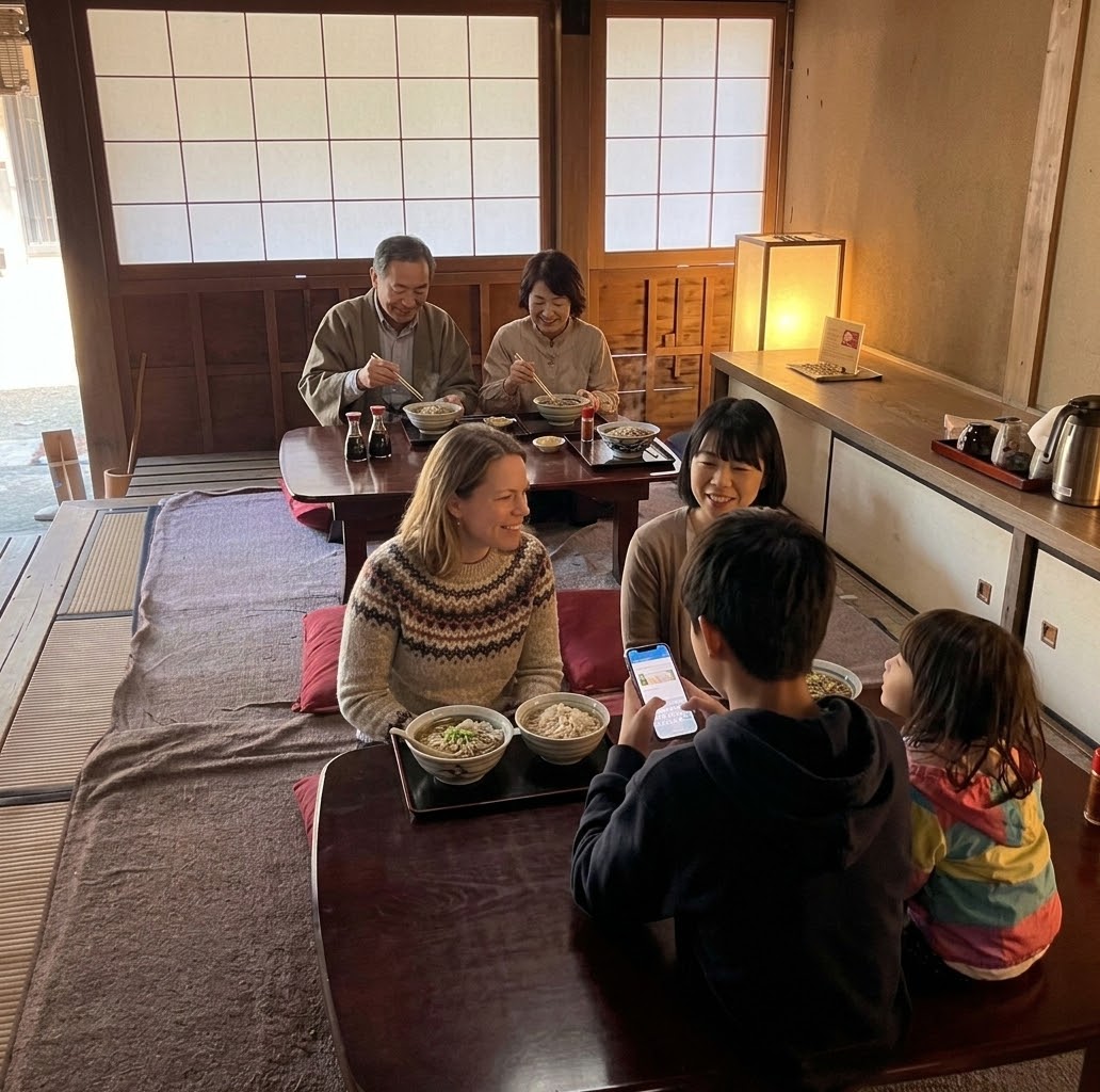 江戸風のお蕎麦屋さんで会話をするヨーロッパ人女性と日本人家族